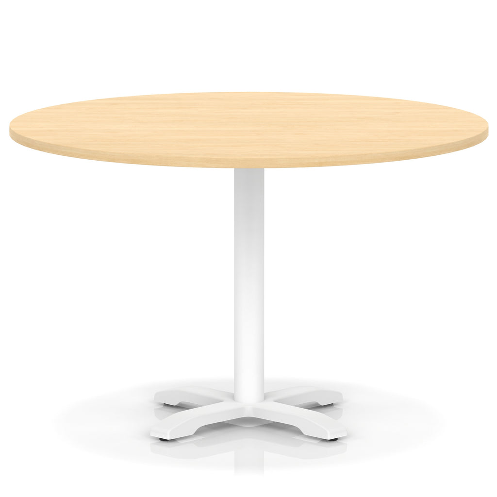 Round table with wood-effect top and white base on a white background