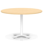 Round table with wood-effect top and white base on a white background