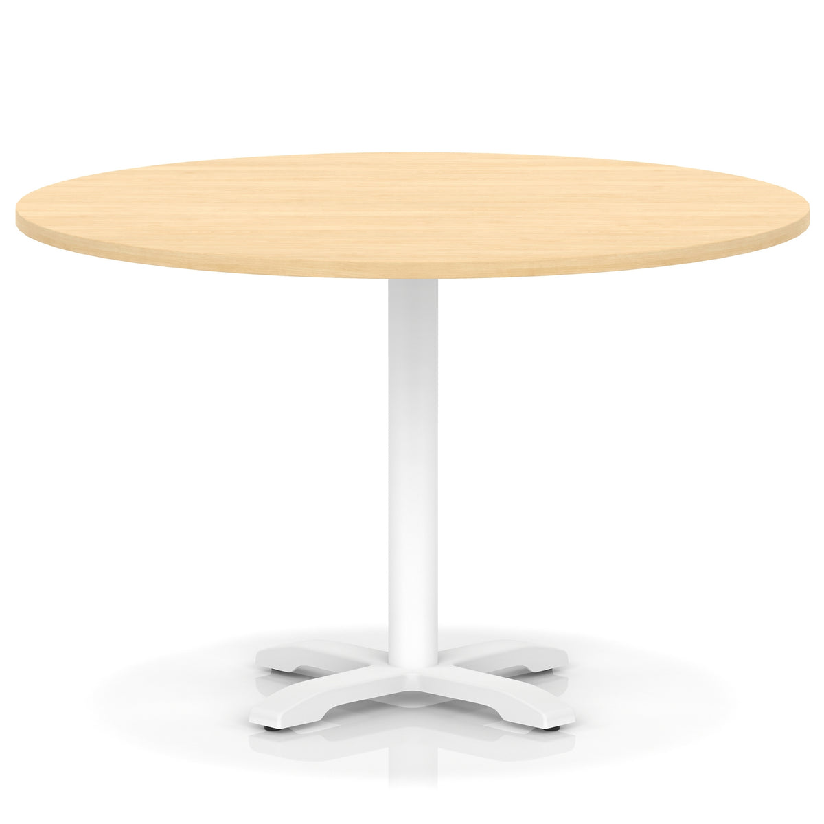 Round table with wood-effect top and white base on a white background