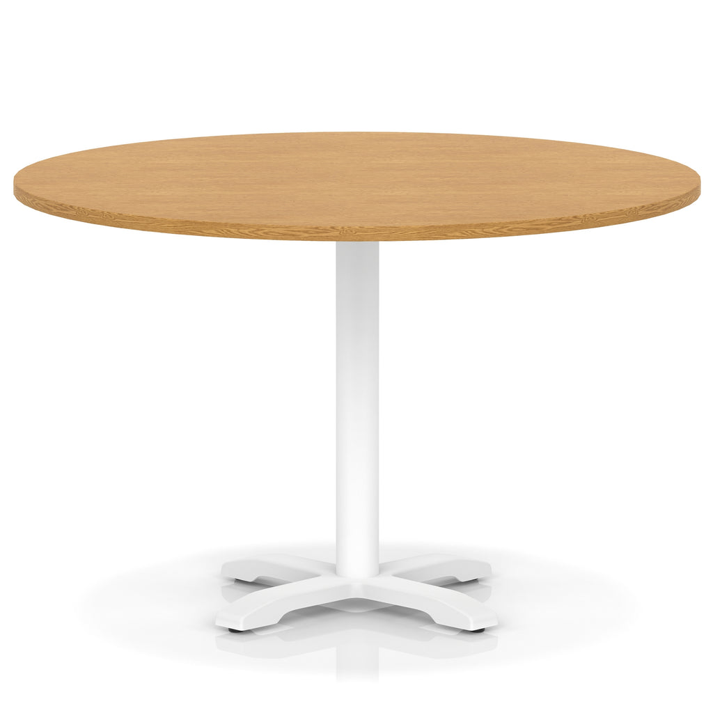 Round table with wood-effect top and white base on a white background