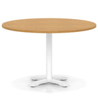 Round table with wood-effect top and white base on a white background