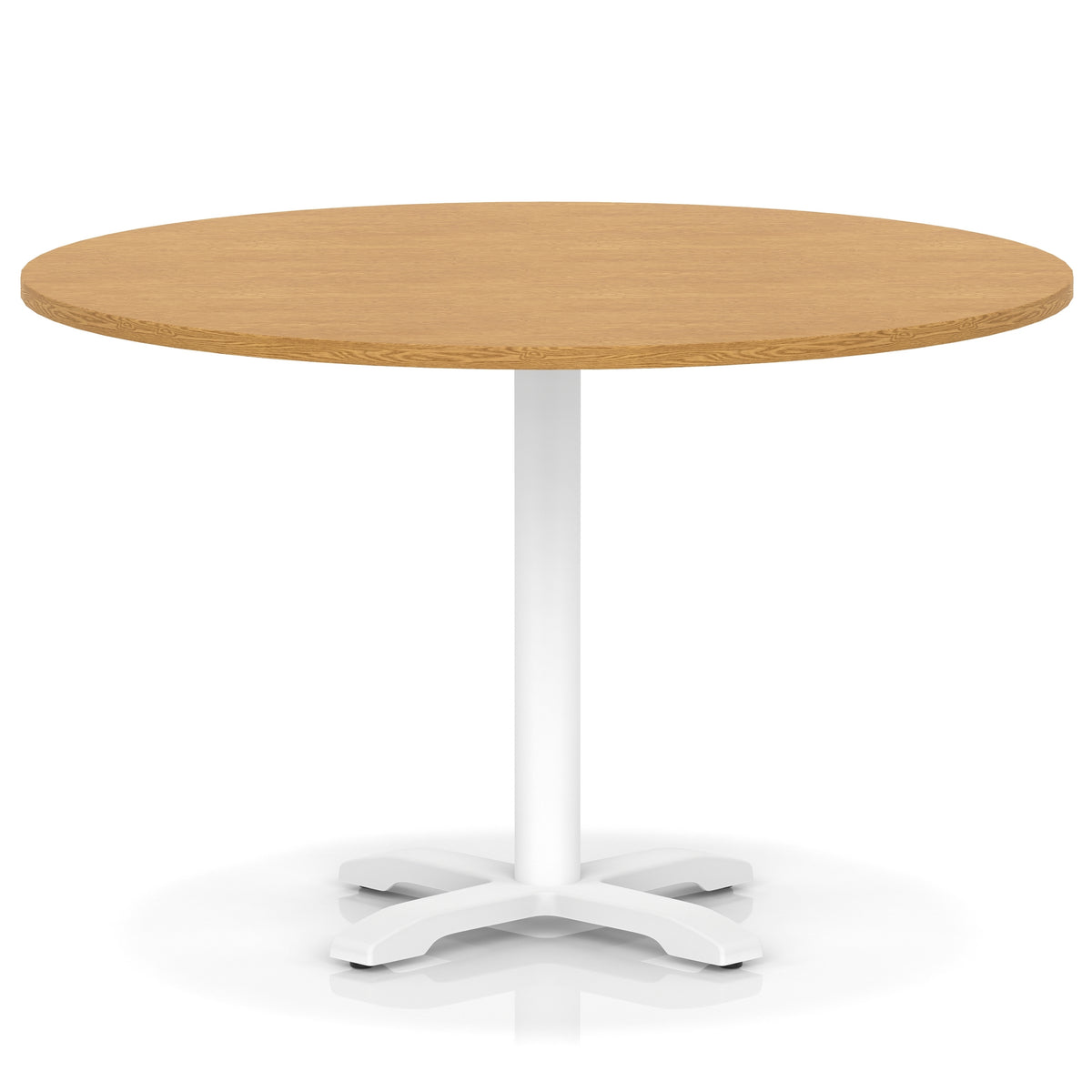 Round table with wood-effect top and white base on a white background