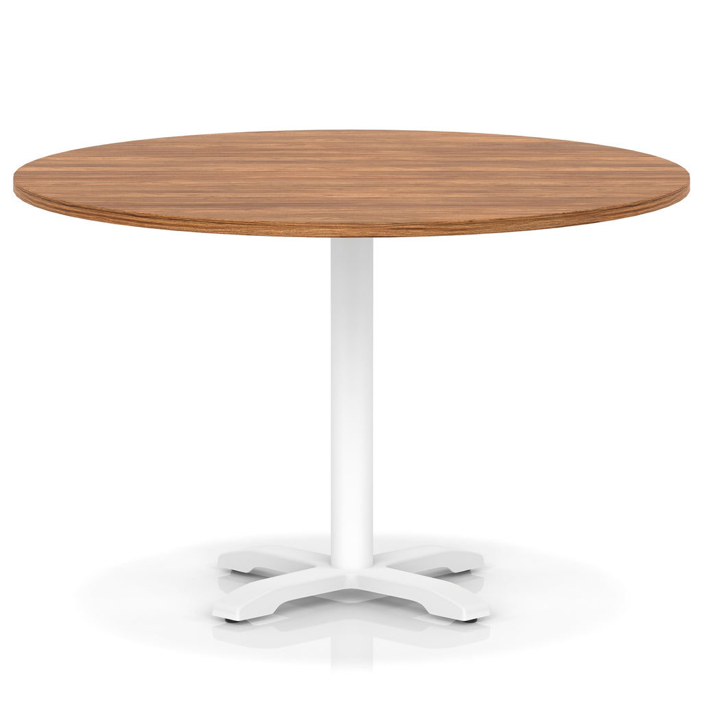 Round table with wood-effect top and white base on a white background