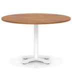 Round table with wood-effect top and white base on a white background