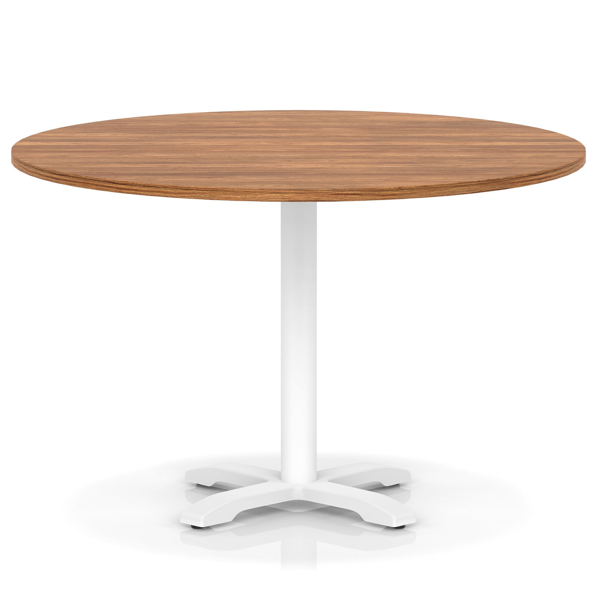 Round table with wood-effect top and white base on a white background