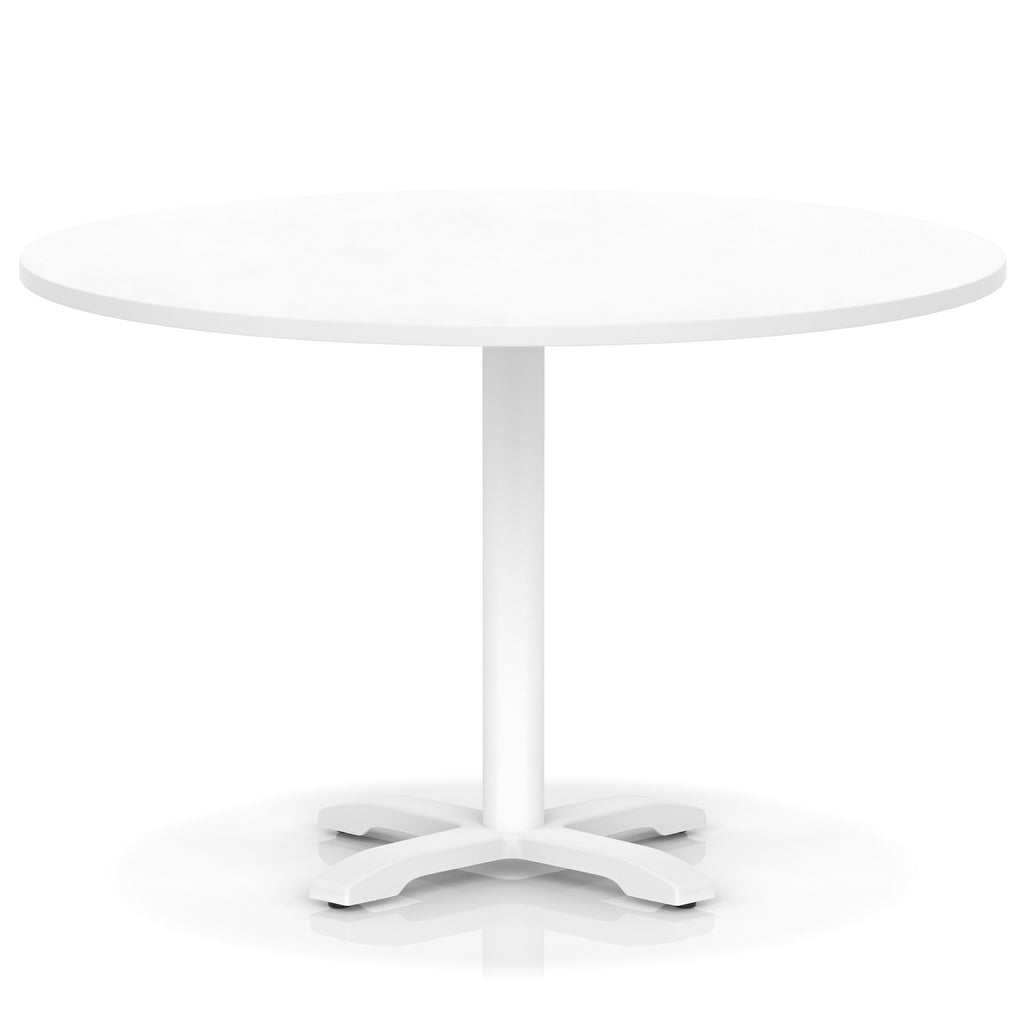 White round table with metal base on a white background