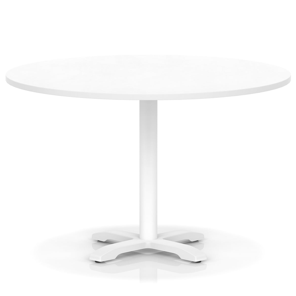 White round table with metal base on a white background