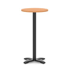 Round high table with a grey wood-effect top and black base on a white background