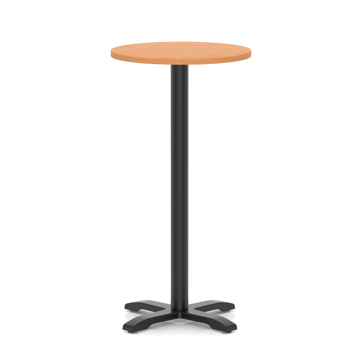 Round high table with a grey wood-effect top and black base on a white background