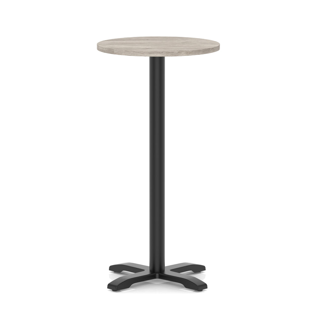 Round high table with a grey wood-effect top and black base on a white background