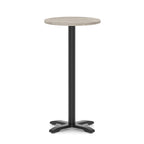 Round high table with a grey wood-effect top and black base on a white background
