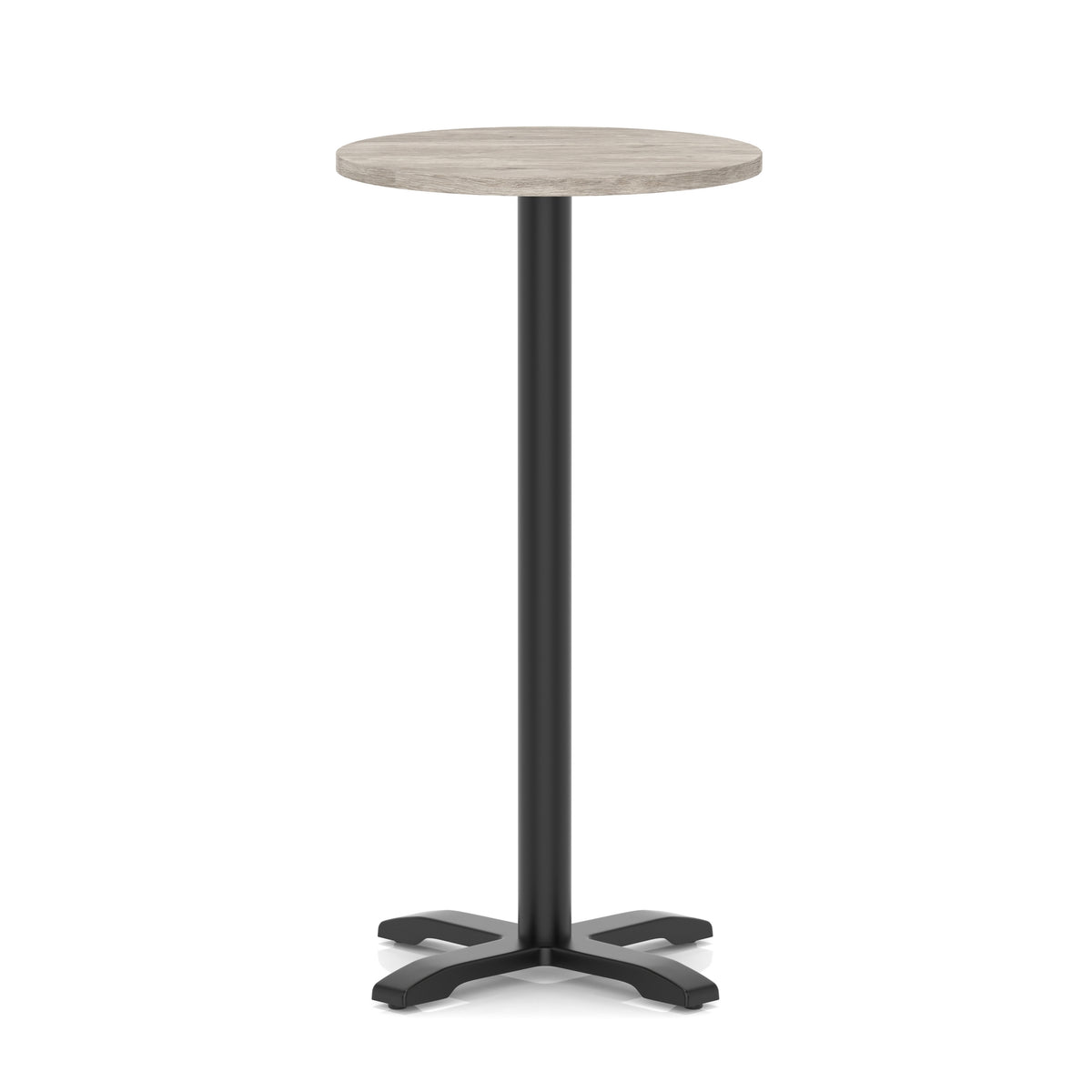 Round high table with a grey wood-effect top and black base on a white background