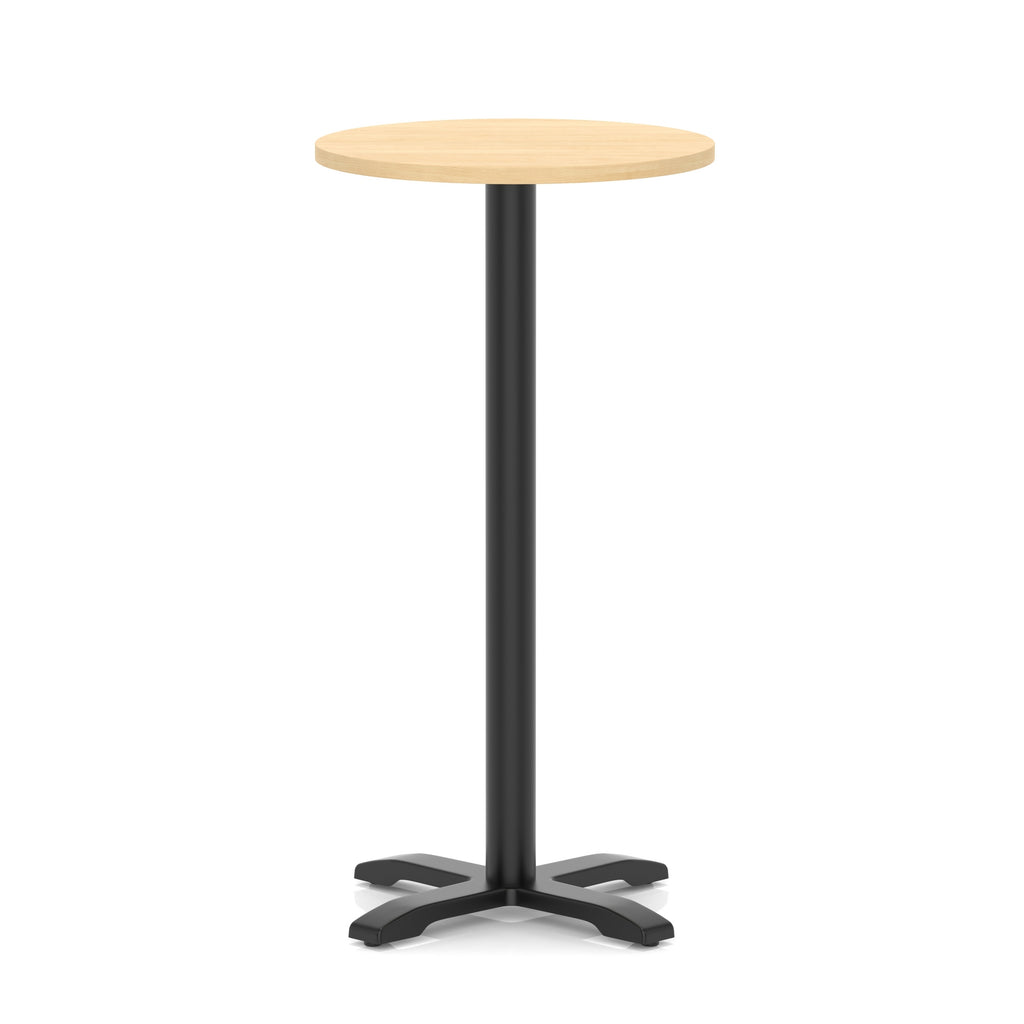 Round high table with a wood-effect top and black base on a white background