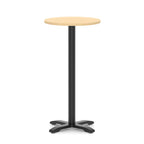 Round high table with a wood-effect top and black base on a white background