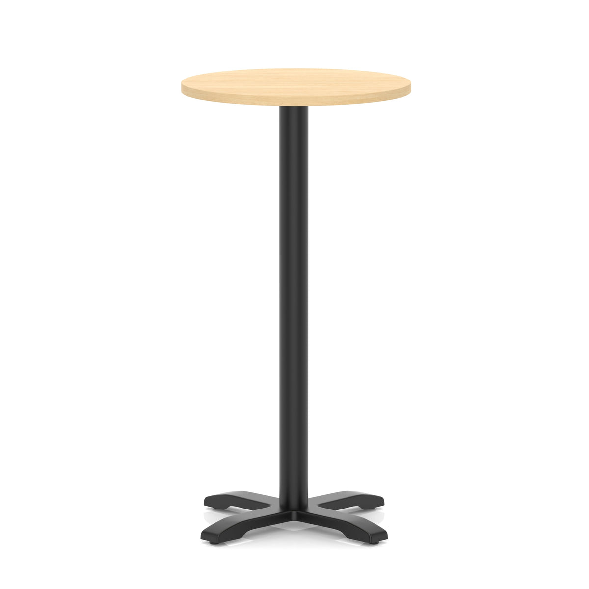 Round high table with a wood-effect top and black base on a white background