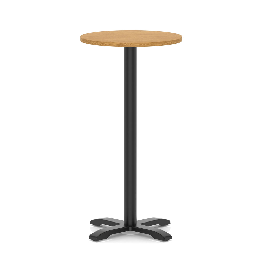 Round high table with a wood-effect top and black base on a white background