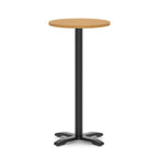 Round high table with a wood-effect top and black base on a white background