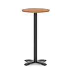 Round high table with a wood-effect top and black base on a white background