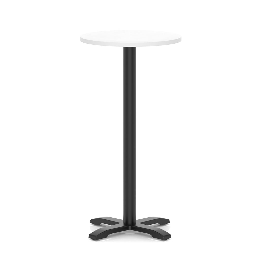 Round high table with a white top and black base on a white background