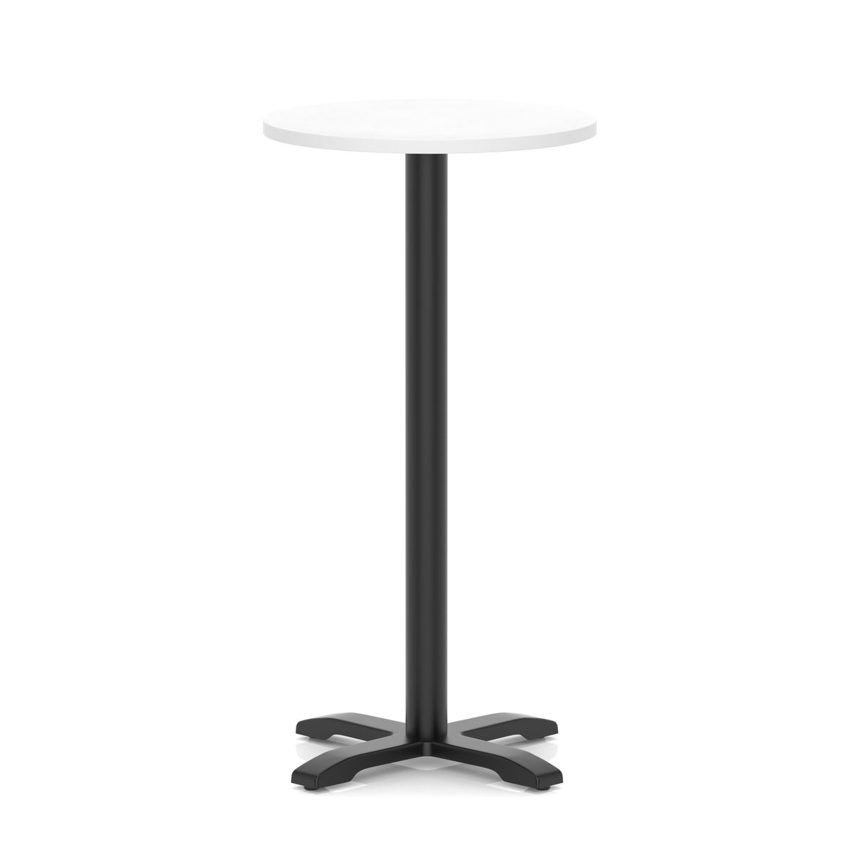 Round high table with a white top and black base on a white background