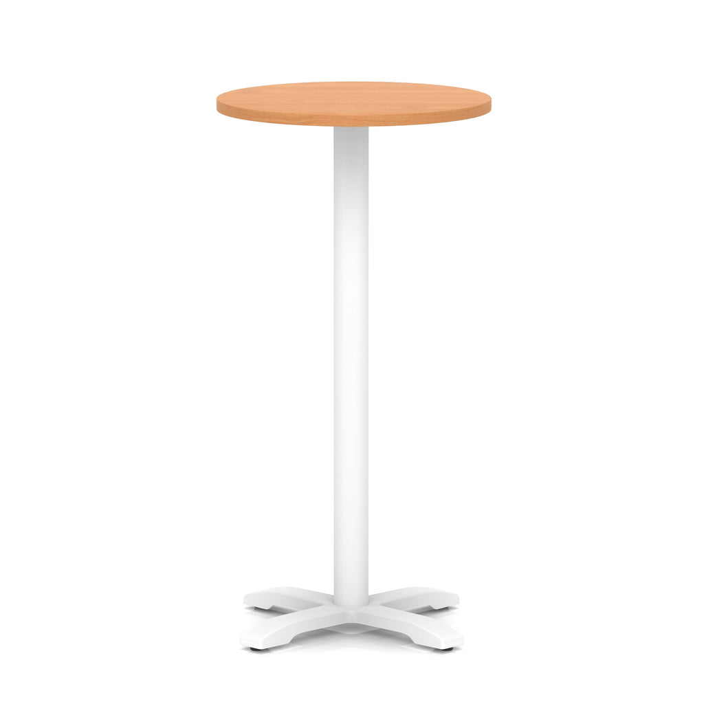 Round high table with grey wood-effect top and white base on a white background