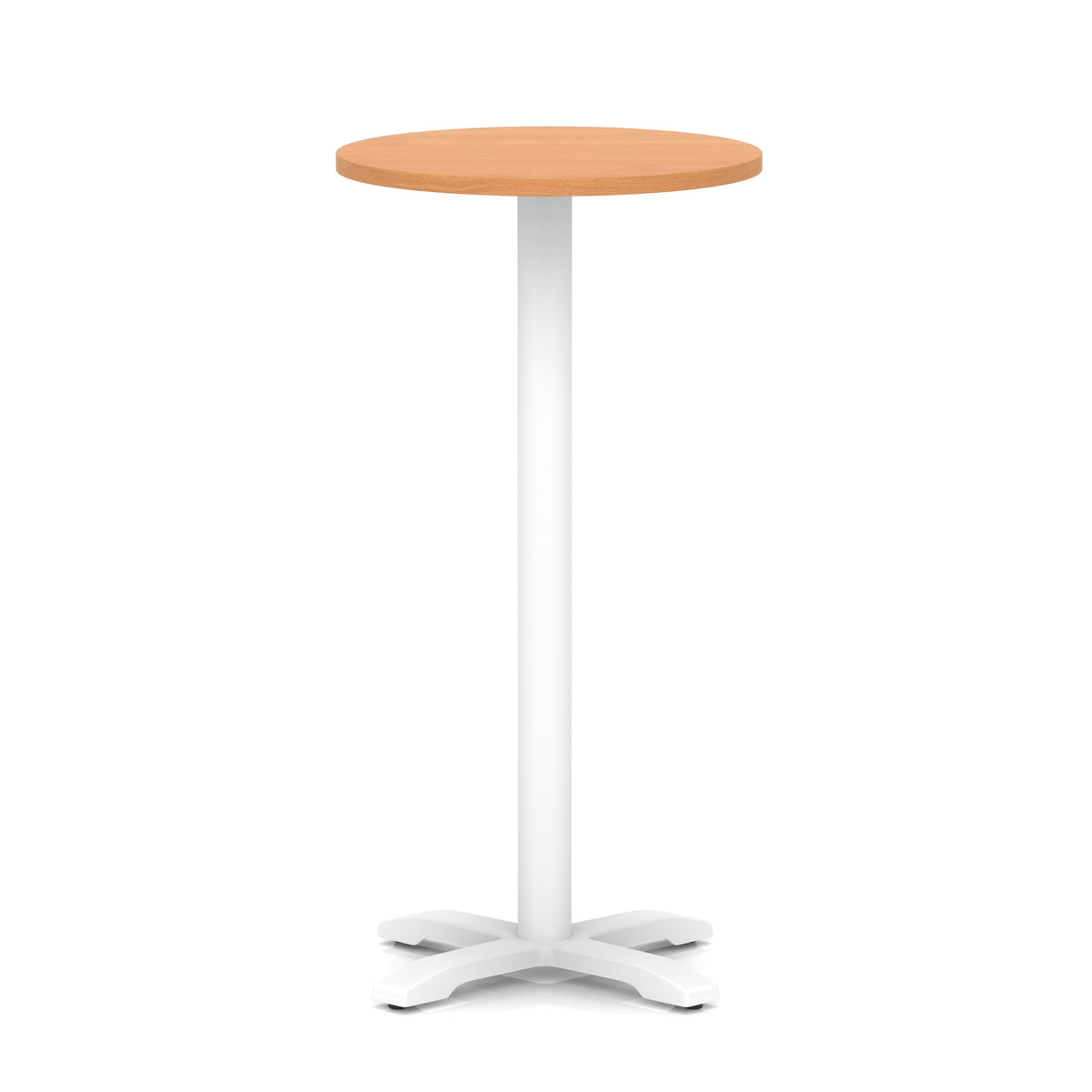 Round high table with grey wood-effect top and white base on a white background
