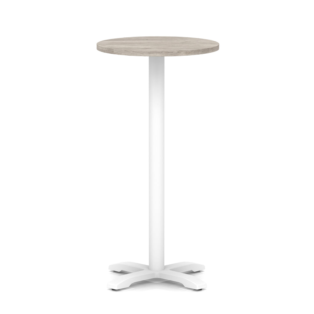 Round high table with grey wood-effect top and white base on a white background