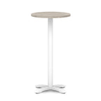 Round high table with grey wood-effect top and white base on a white background