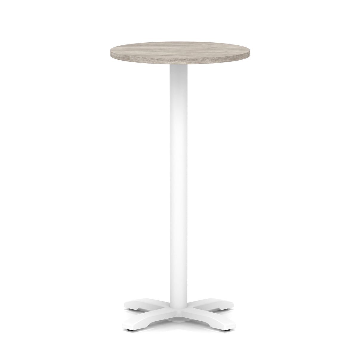 Round high table with grey wood-effect top and white base on a white background