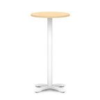 Round high table with wood-effect top and white base on a white background