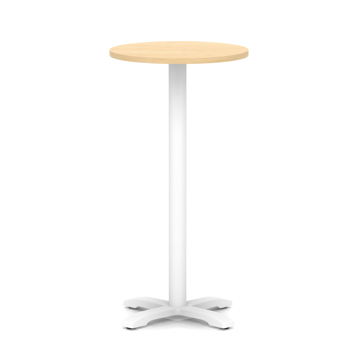 Round high table with wood-effect top and white base on a white background