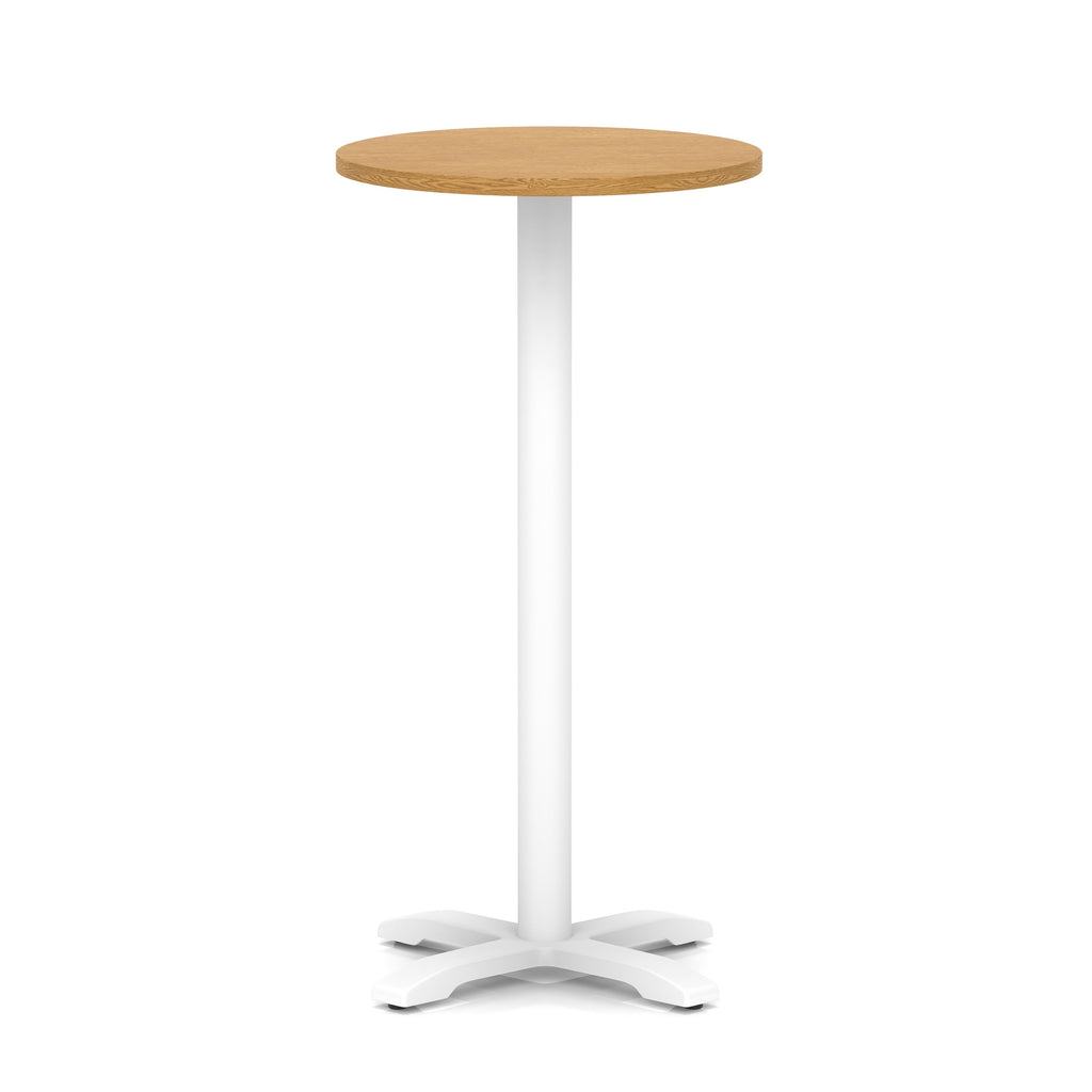Round high table with wood-effect top and white base on a white background