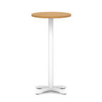 Round high table with wood-effect top and white base on a white background