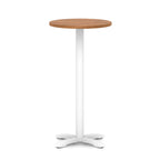 Round high table with wood-effect top and white base on a white background