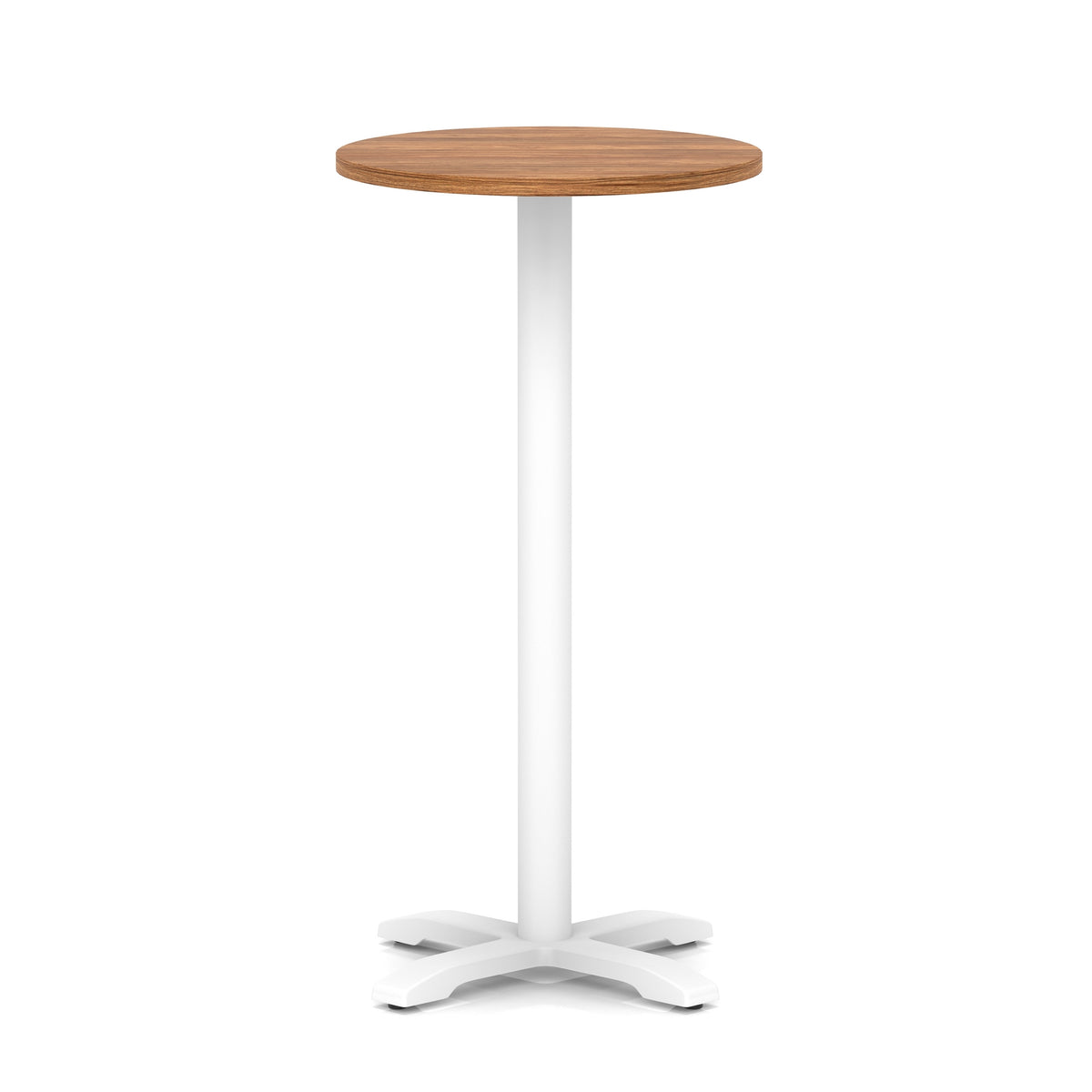 Round high table with wood-effect top and white base on a white background