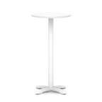 White round high table with metal base on a white background