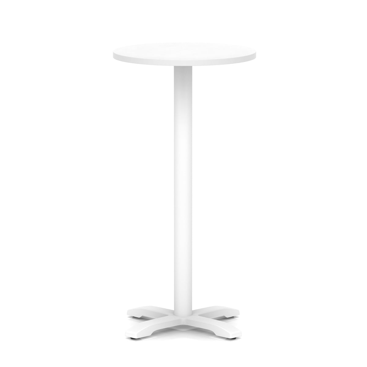 White round high table with metal base on a white background
