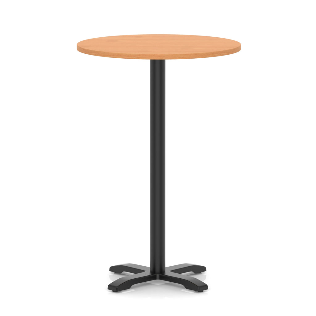 Round high table with a grey wood-effect top and black base on a white background