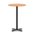 Round high table with a grey wood-effect top and black base on a white background
