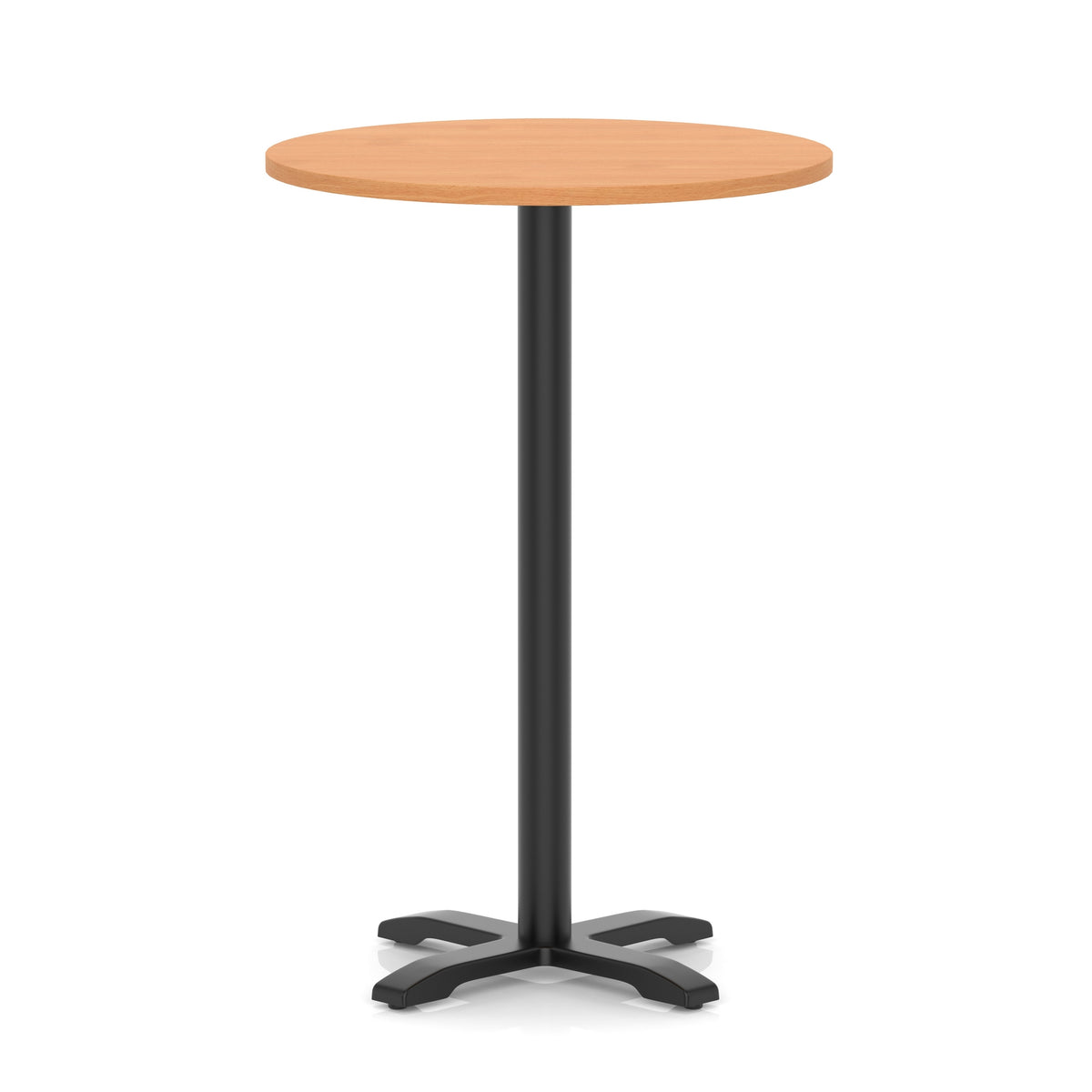 Round high table with a grey wood-effect top and black base on a white background