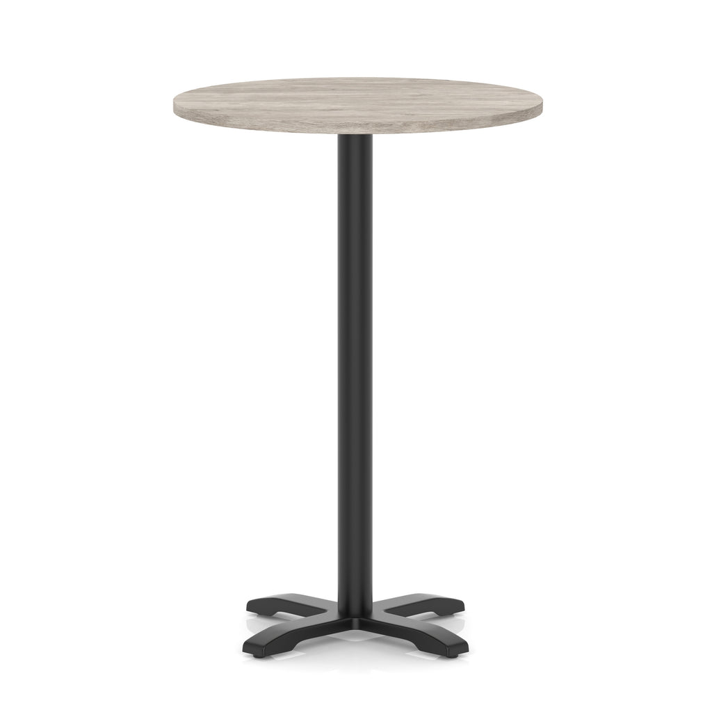 Round high table with a grey wood-effect top and black base on a white background