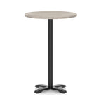 Round high table with a grey wood-effect top and black base on a white background