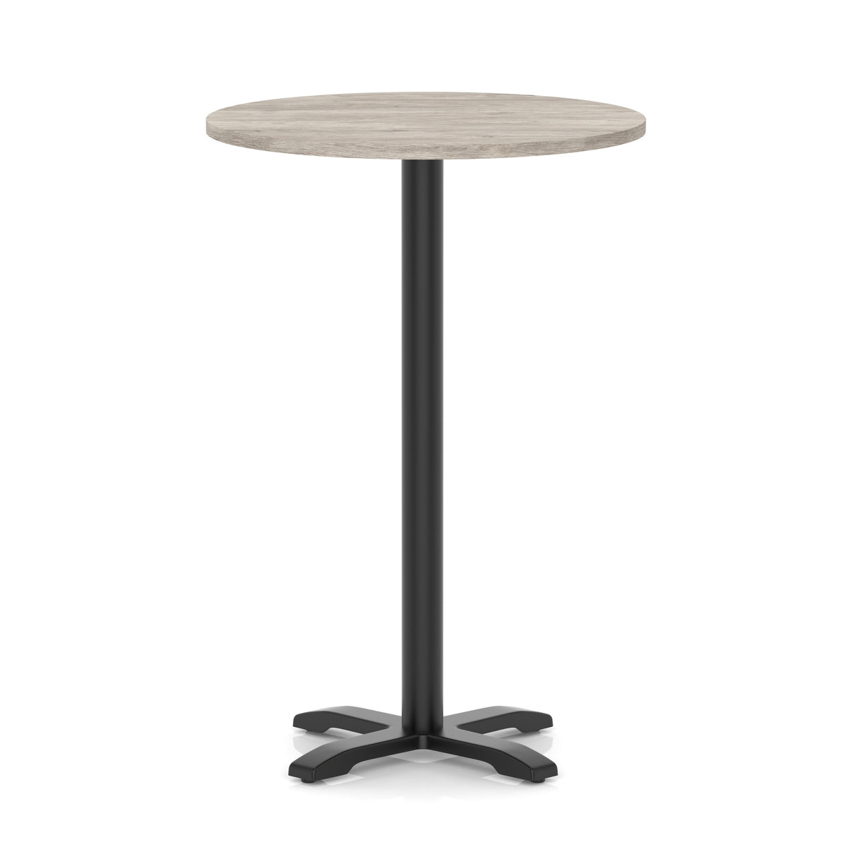 Round high table with a grey wood-effect top and black base on a white background