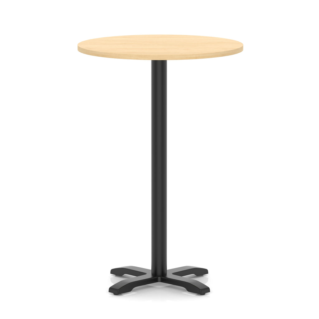 Round high table with a wood-effect top and black base on a white background
