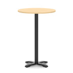 Round high table with a wood-effect top and black base on a white background
