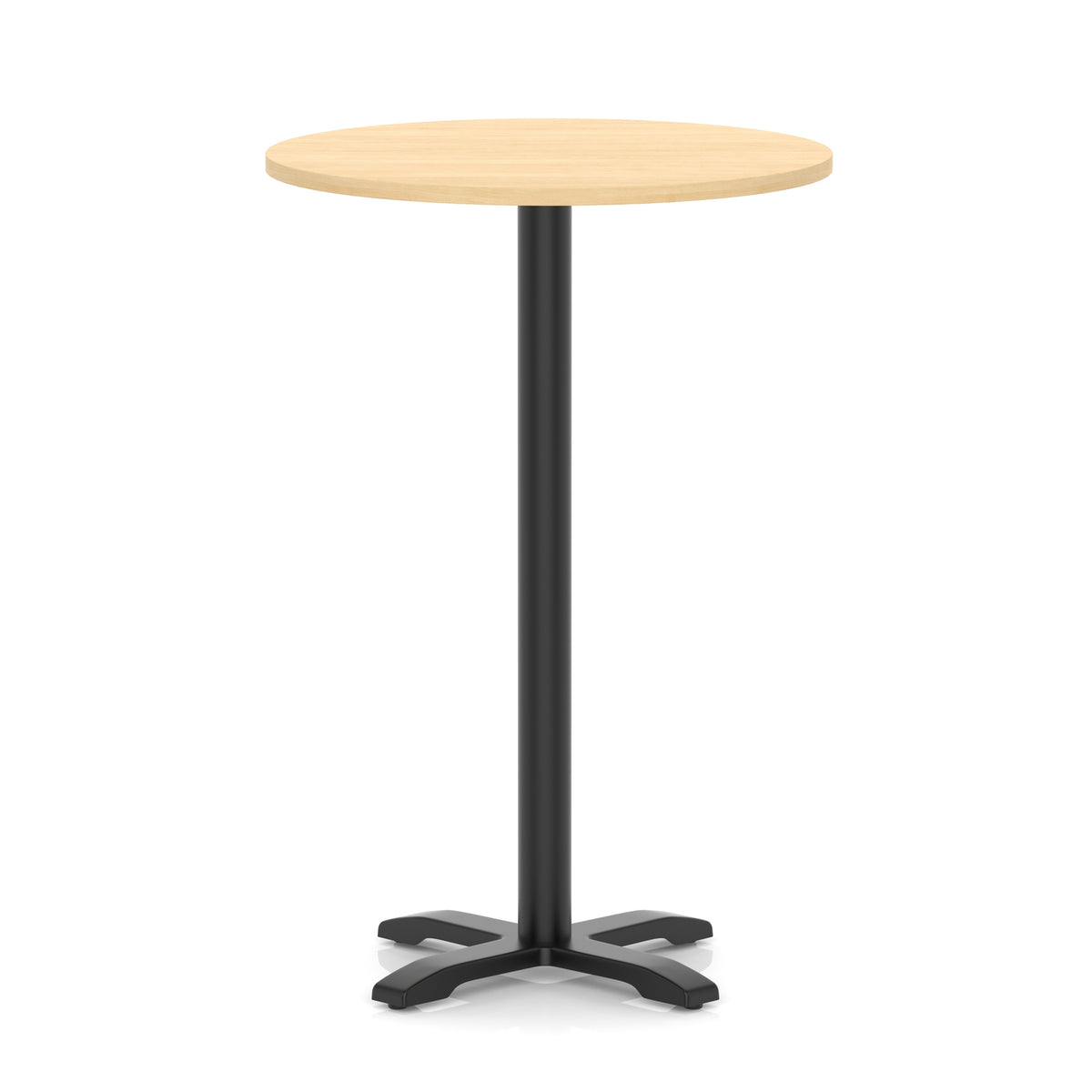 Round high table with a wood-effect top and black base on a white background