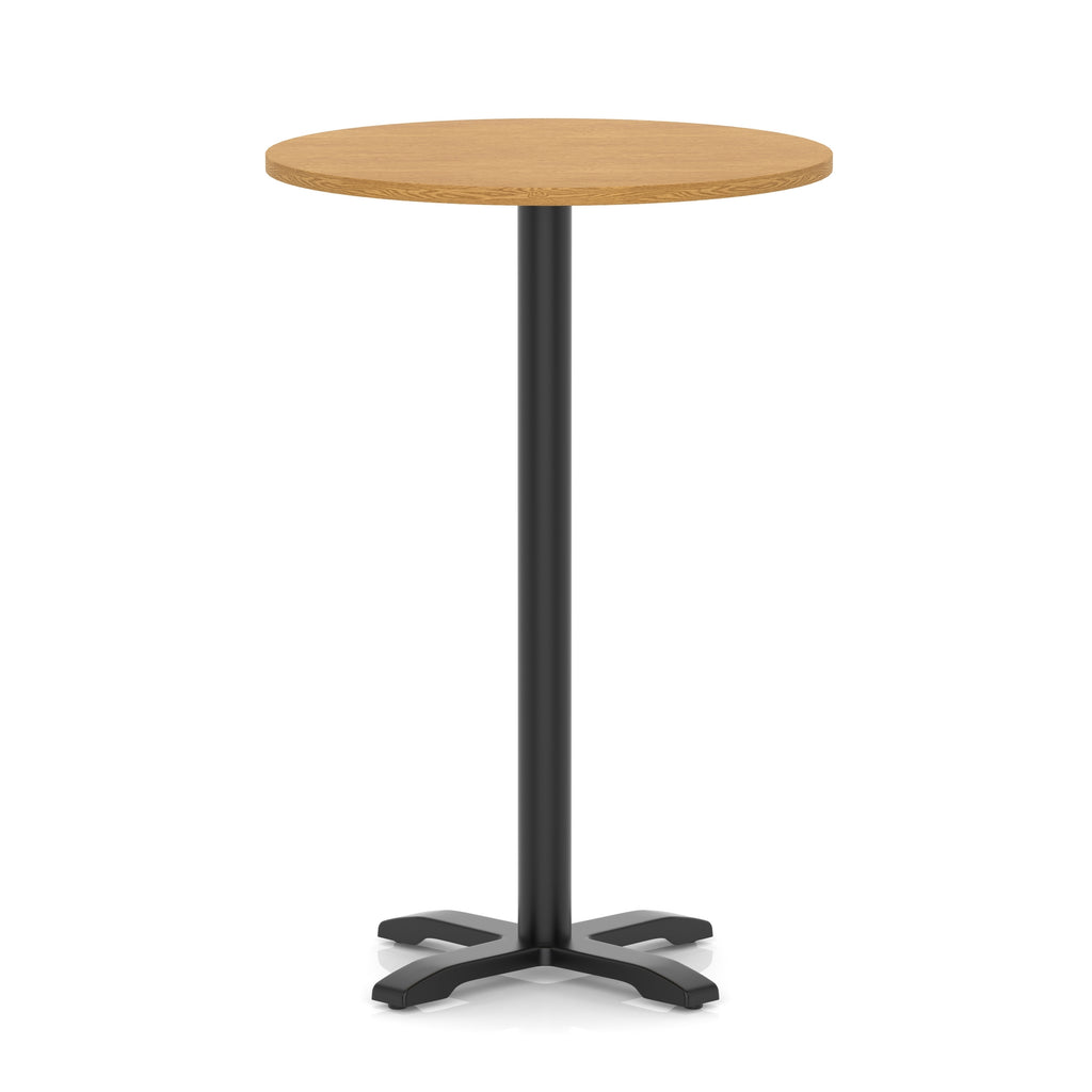 Round high table with a wood-effect top and black base on a white background
