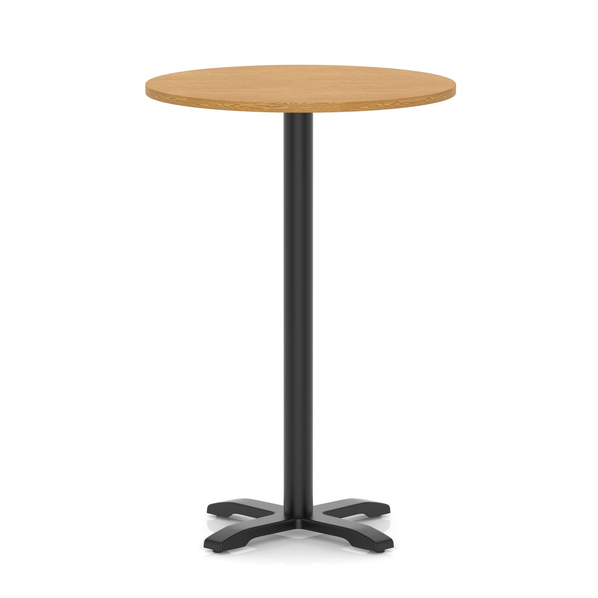 Round high table with a wood-effect top and black base on a white background
