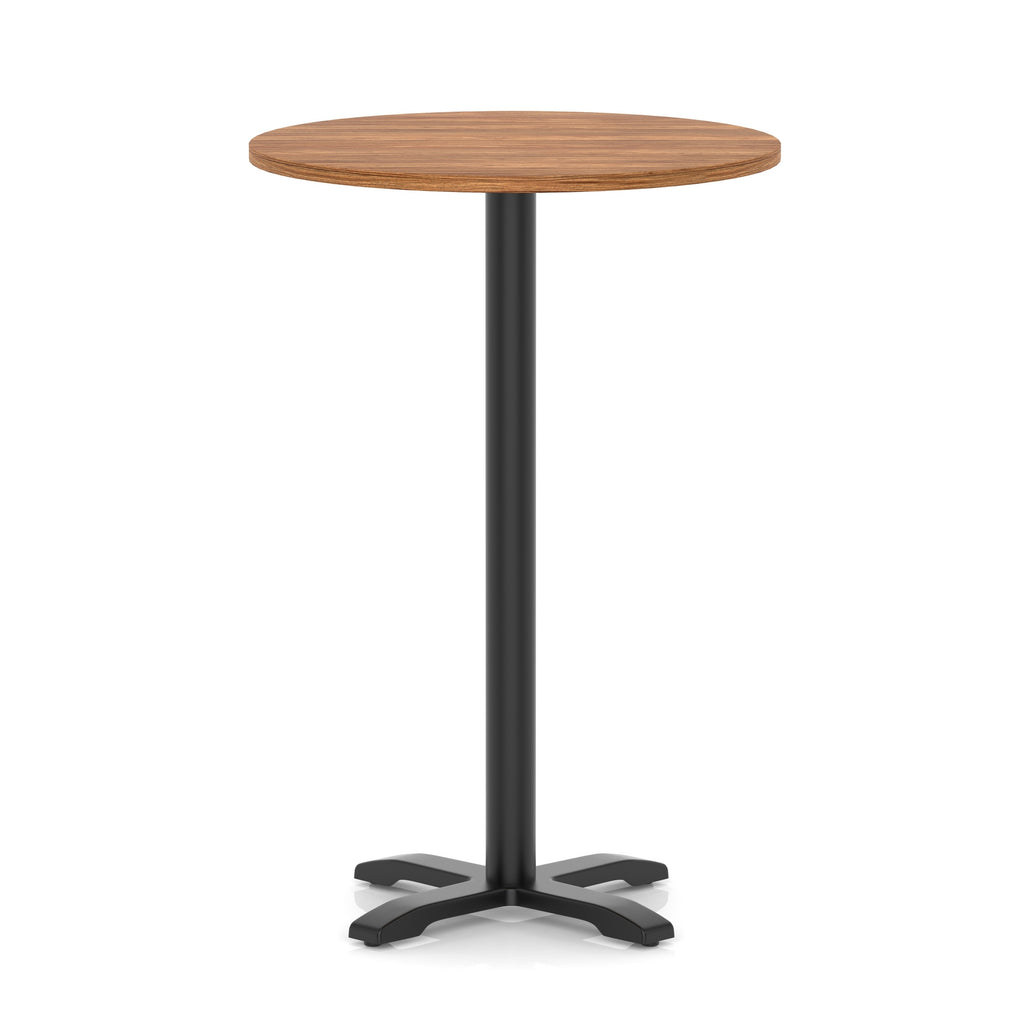 Round high table with a wood-effect top and black base on a white background