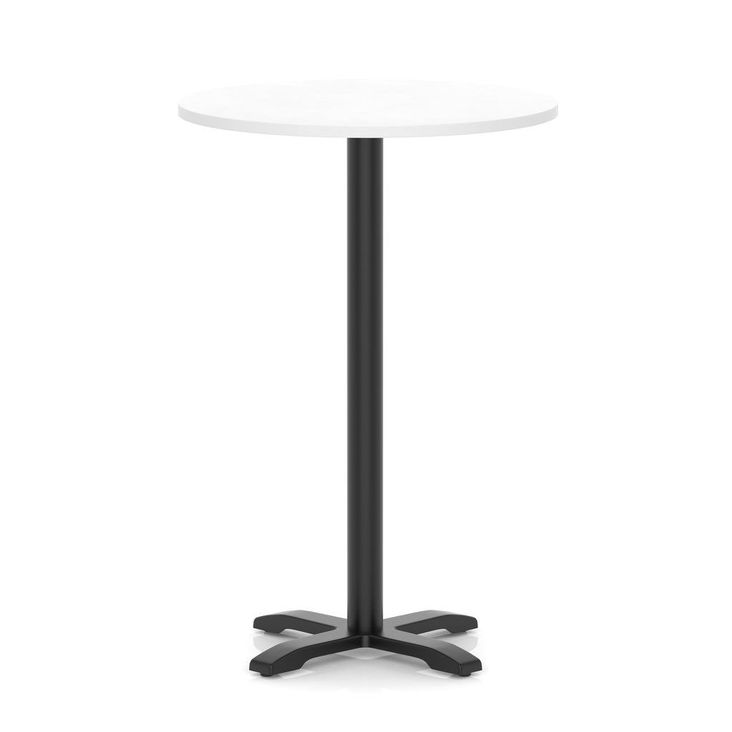 Round high table with a white top and black base on a white background